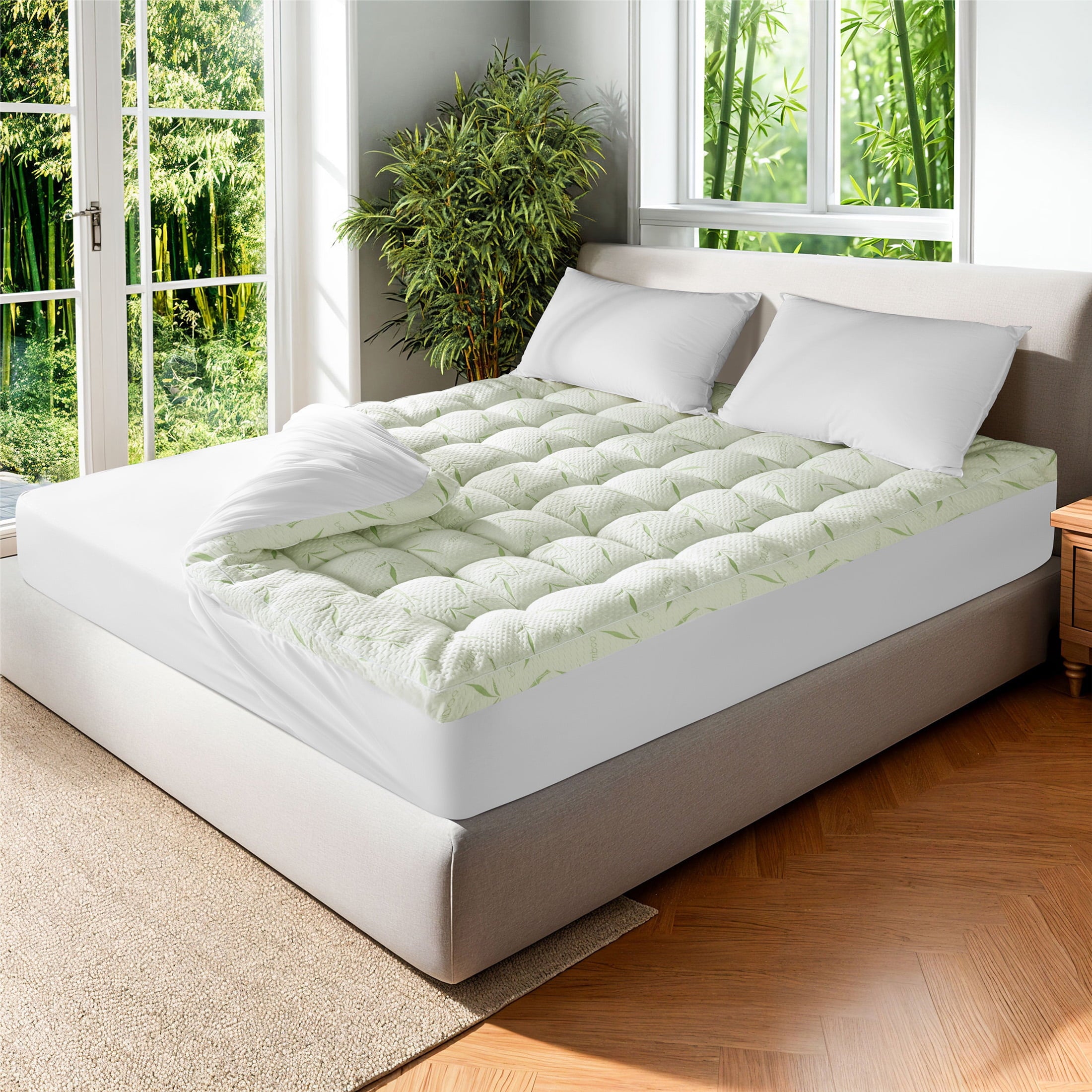 Baauye Cooling Bamboo Mattress Topper, 900GSM Quilted Mattress Pad with 8-21" Deep Pocket, King, Green