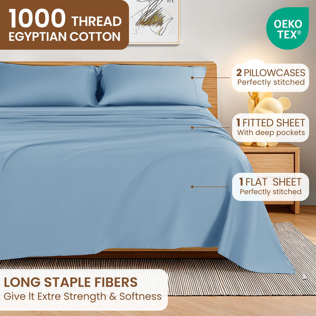 Baauye 100% Cotton Sheet Set, 1000 Thread Count Durable 4-Piece Bed Sheets with 16" Deep Pocket, King, Lake Blue
