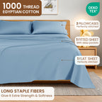 Baauye 100% Cotton Sheet Set, 1000 Thread Count Durable 4-Piece Bed Sheets with 16" Deep Pocket, King, Lake Blue