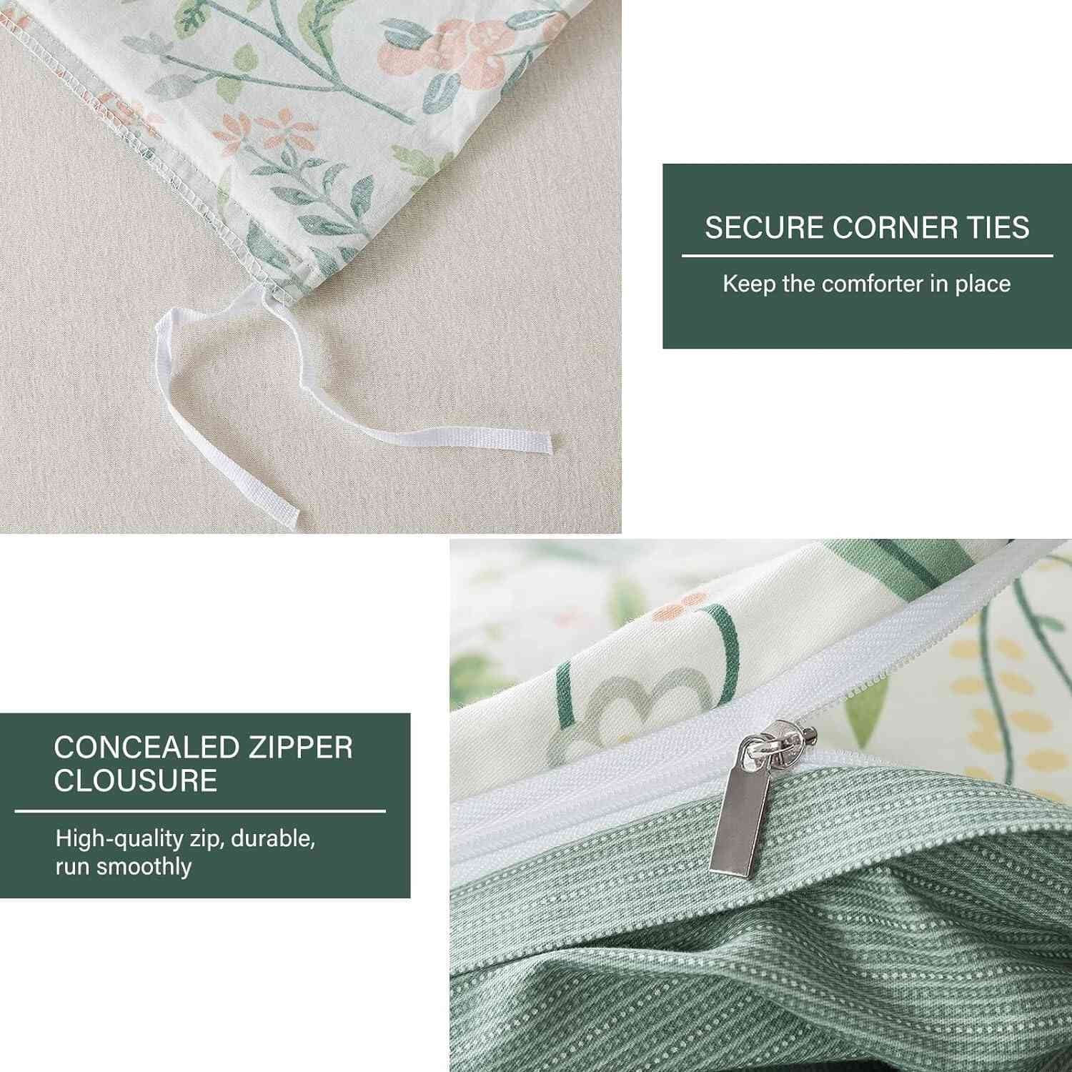 HoneiLife 3pc Duvet Cover King Size - 100% Cotton Comforter Floral Breathable Duvet Cover with Zipper Closure & Corner Ties, Green Grass