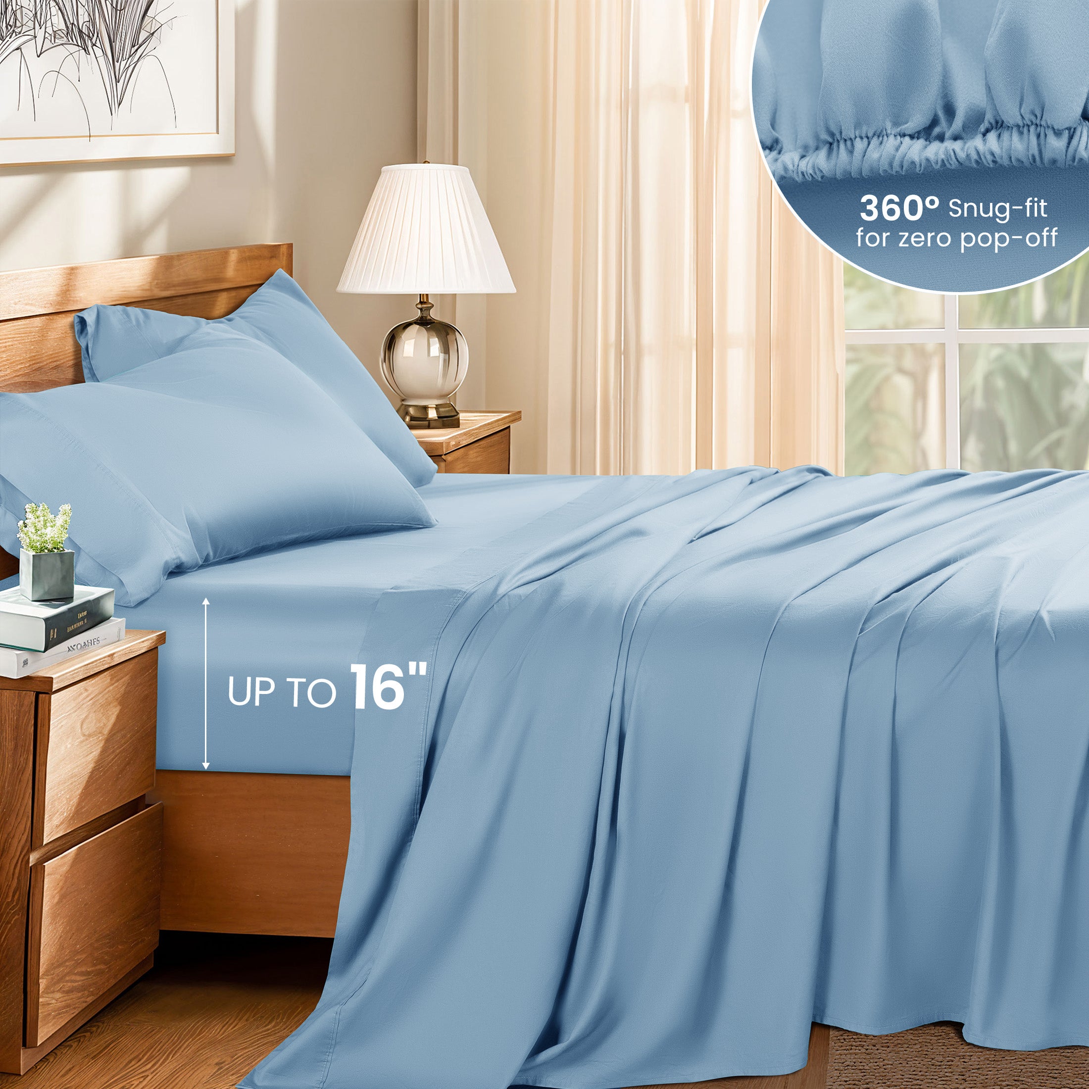 Baauye 100% Cotton Sheet Set, 1000 Thread Count Durable 4-Piece Bed Sheets with 16" Deep Pocket, King, Lake Blue