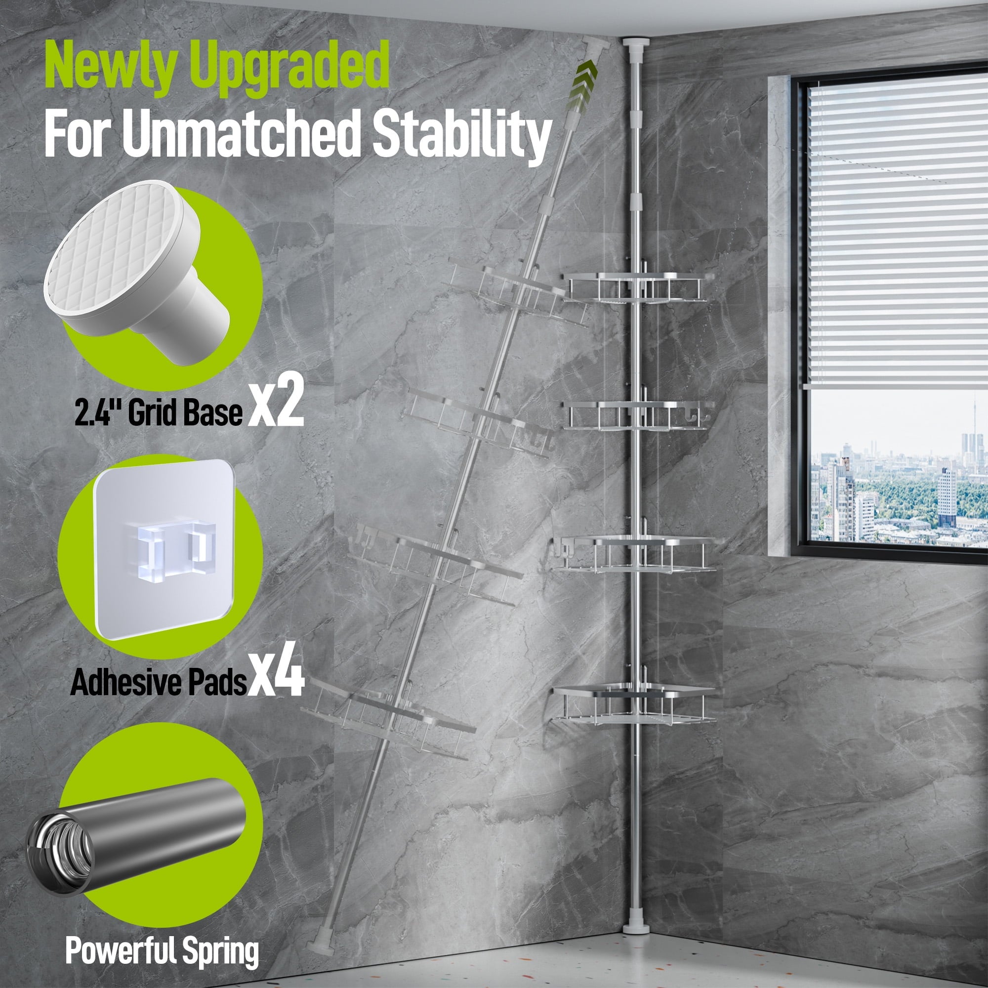 LazySpin 4-Tier Corner Shower Caddy Tension Pole, Fits 37.8”-124”, Silver