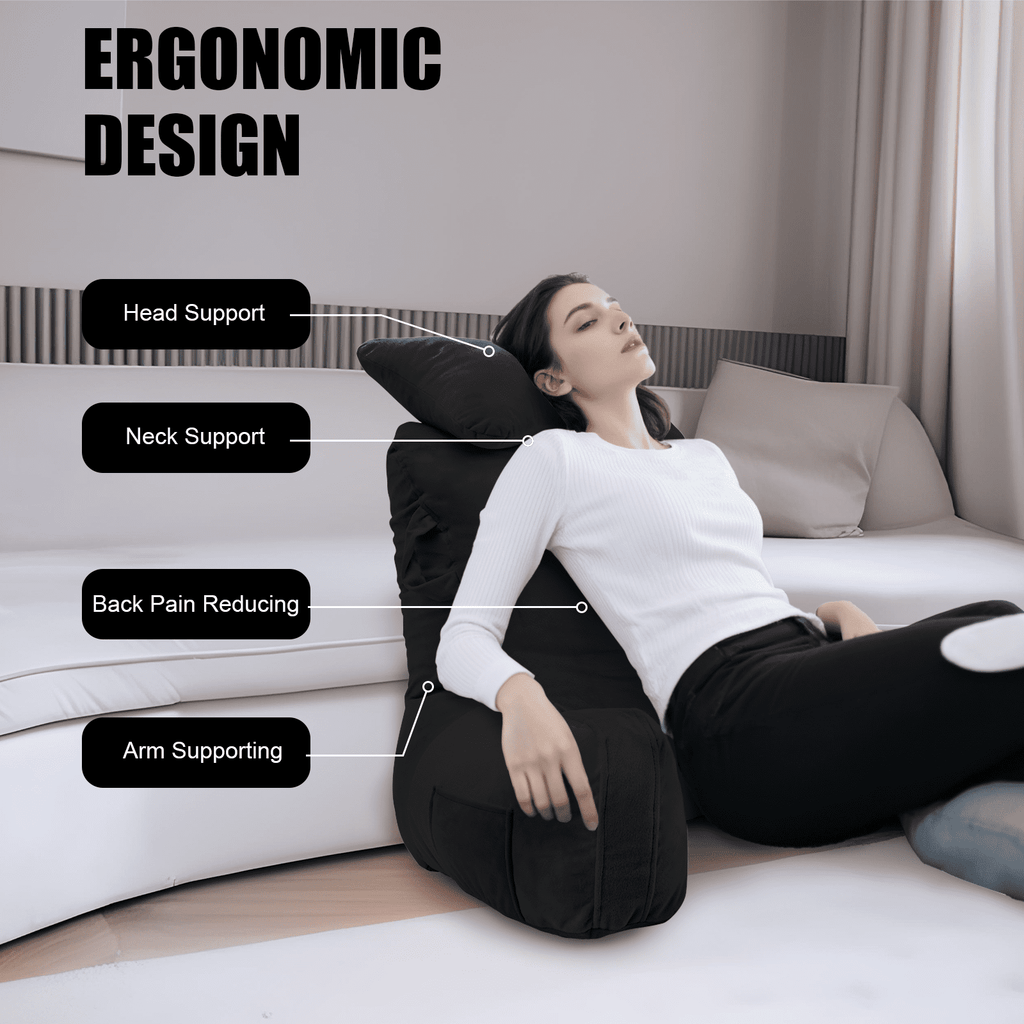PHOGARY 31inch Reading Pillow for Bed Backrest with Arms - Black - Adult, Ultra-Comfy Microplush Cover & Detachable Neck Roll - Unmatched Support Bed Rest Sit Up Pillow