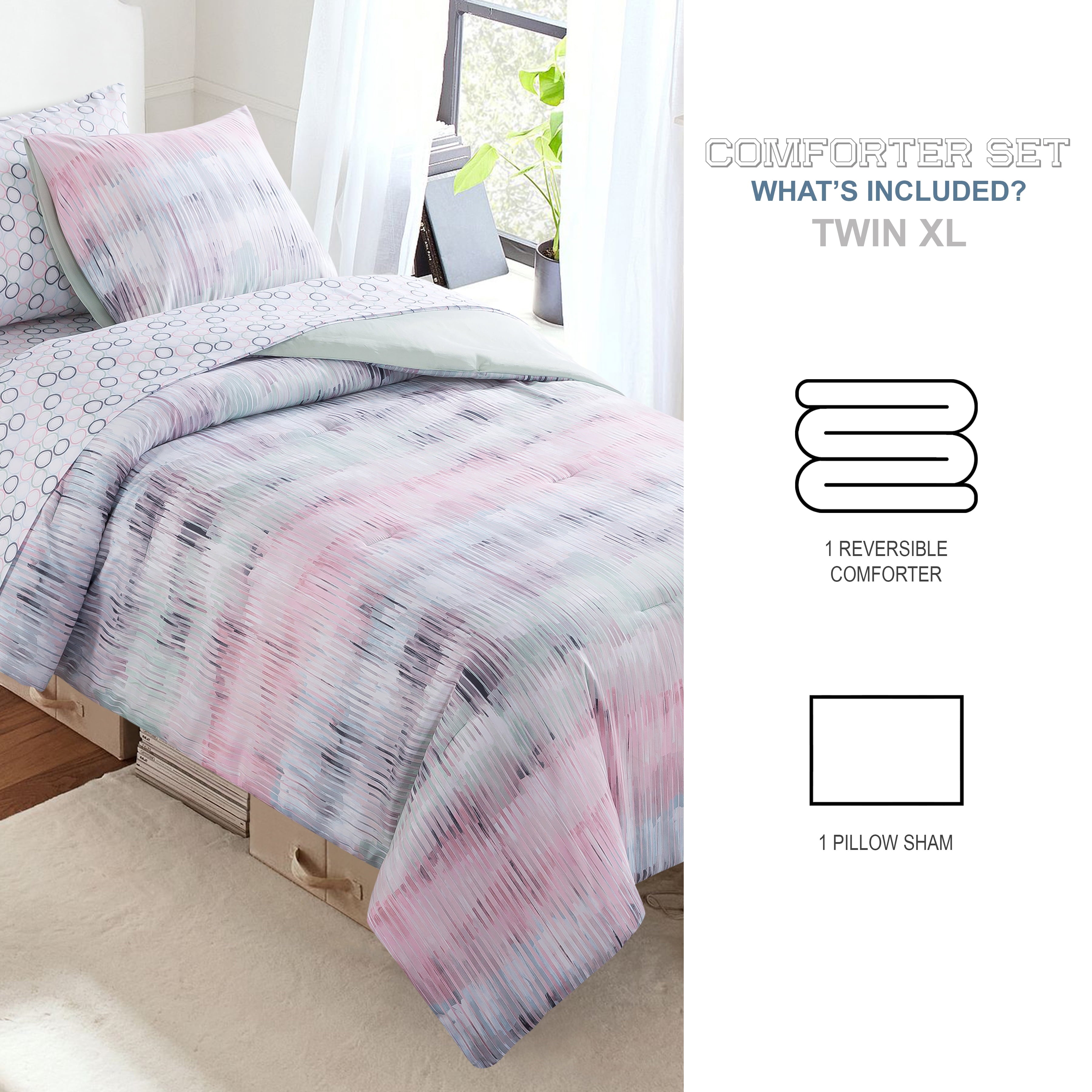 Campus Comforts by New Sega Home 2-Piece Reversible Comforter Set, Waterfall, Pink/Green, Twin-XL
