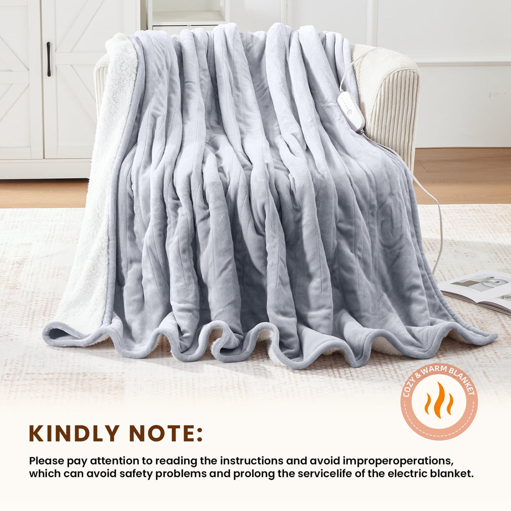 WISHEAD Electric Heated Blanket Throw Soft Flannel & Sherpa, 5 Heat Levels, 3 Hours Auto-Off Over-Heat Protection ETL Certification (50"x60", Light Gray)