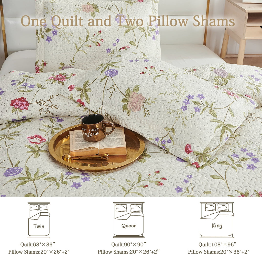 Green Essen 3 Pcs Quilt Sets, Lightweight Microfiber Bedspreads Soft Purple Floral Quilt Reversible Green Leaves Coverlet Set, 1 Quilt & 2 Pillow Shams(Queen Size)