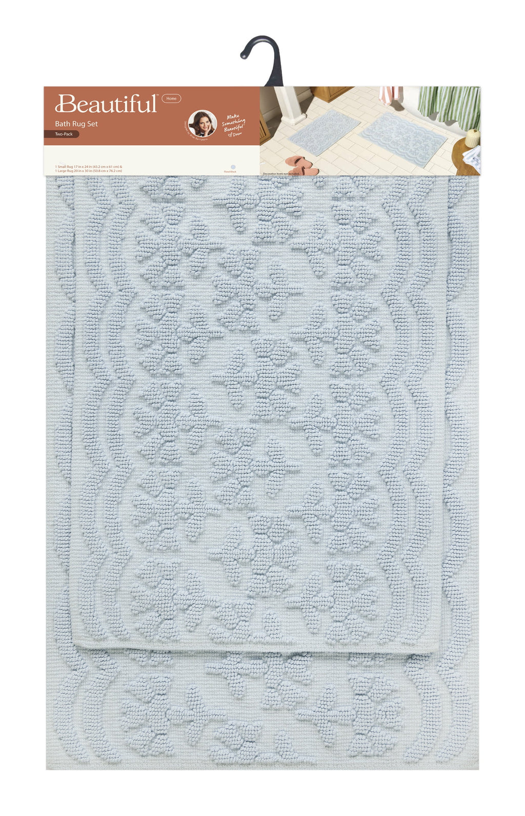 Beautiful Floral Block Scallop 2 Piece Bath Rug Set by Drew Barrymore, Hydrangea Blue, 17" x 24" & 20" x 30"