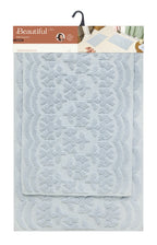 Beautiful Floral Block Scallop 2 Piece Bath Rug Set by Drew Barrymore, Hydrangea Blue, 17" x 24" & 20" x 30"