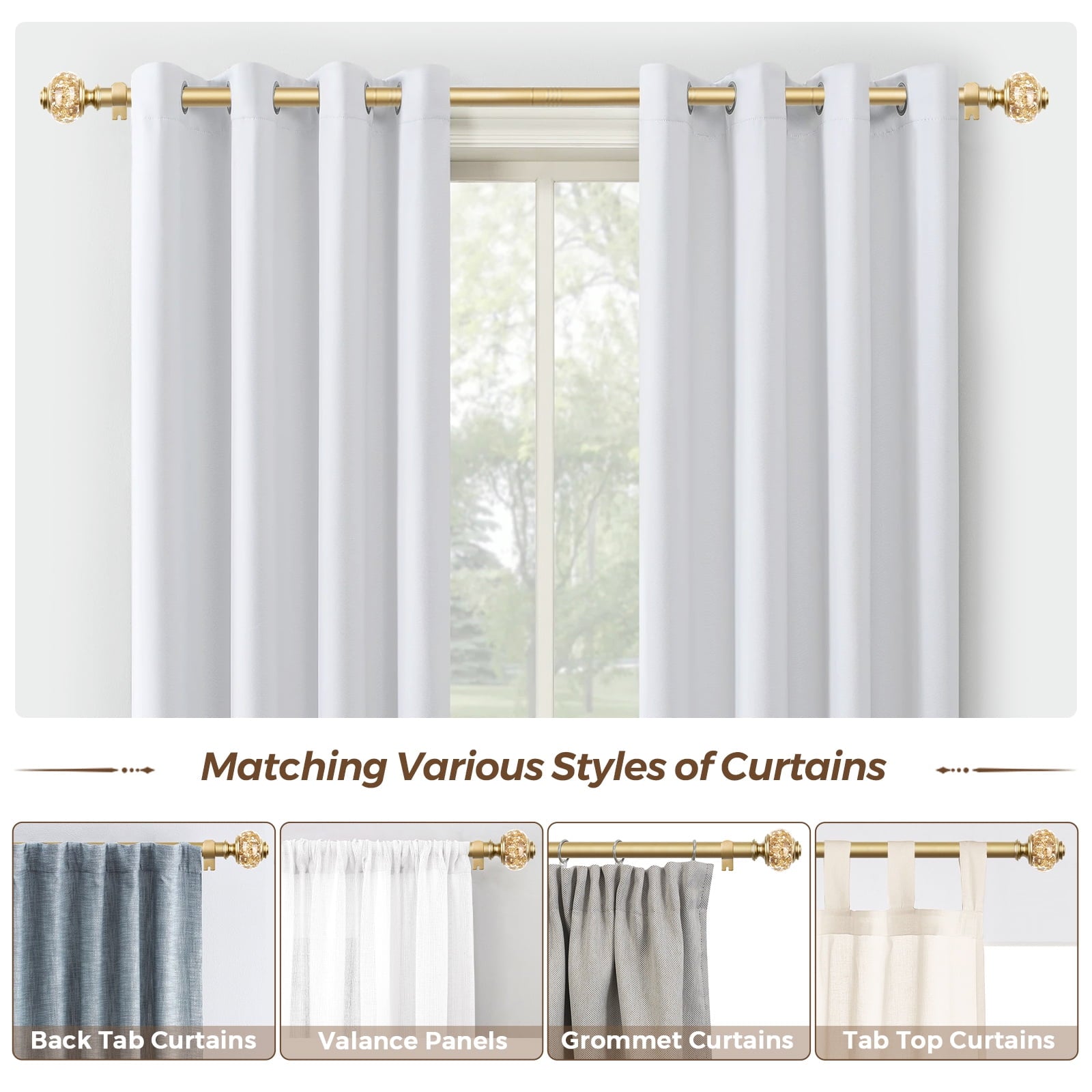 KAMANINA 7/8" Adjustable Single Curtain Rod with Translucent Finial, 48 - 84", Gold