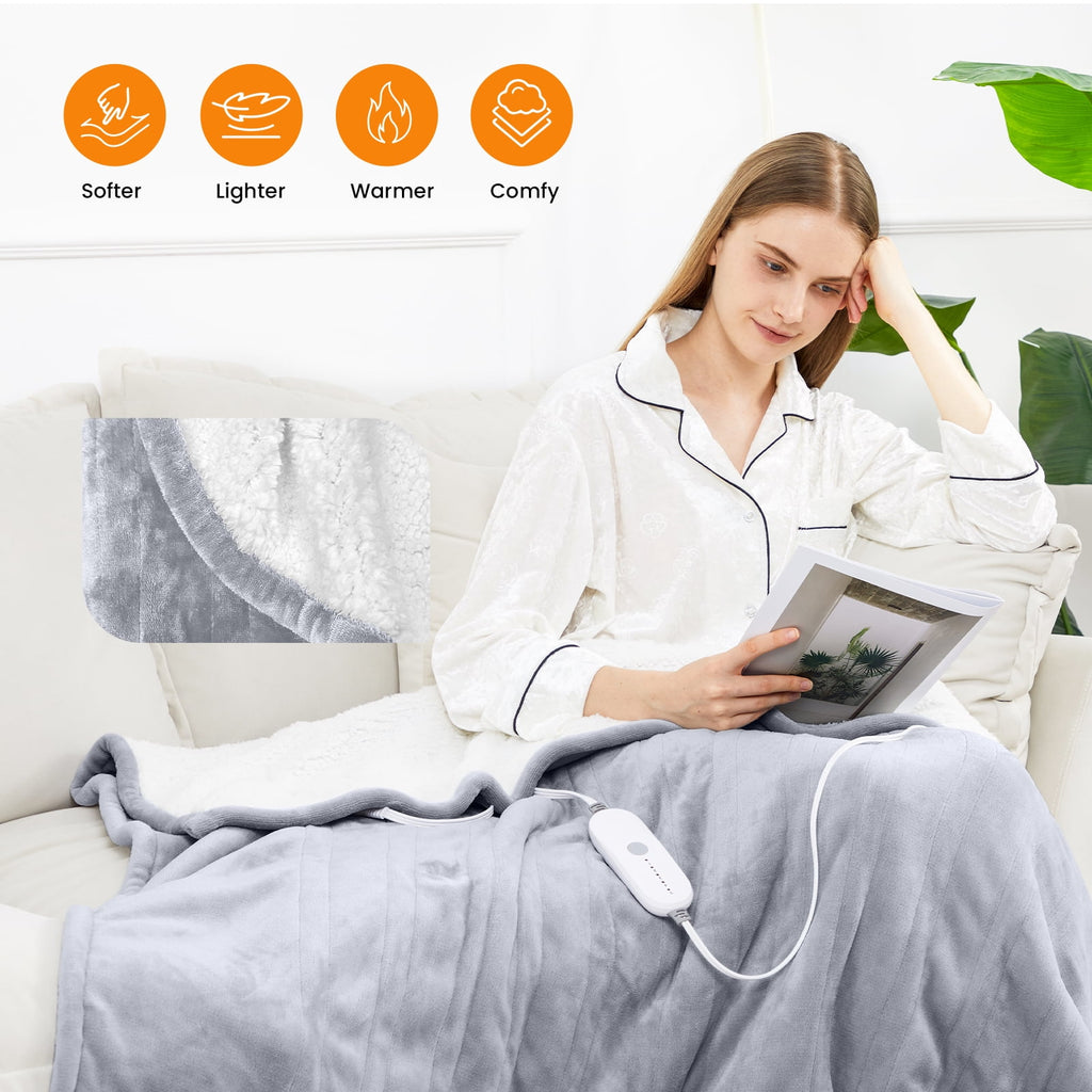 WISHEAD Electric Heated Blanket Throw Soft Flannel & Sherpa, 5 Heat Levels, 3 Hours Auto-Off Over-Heat Protection ETL Certification (50"x60", Light Gray)