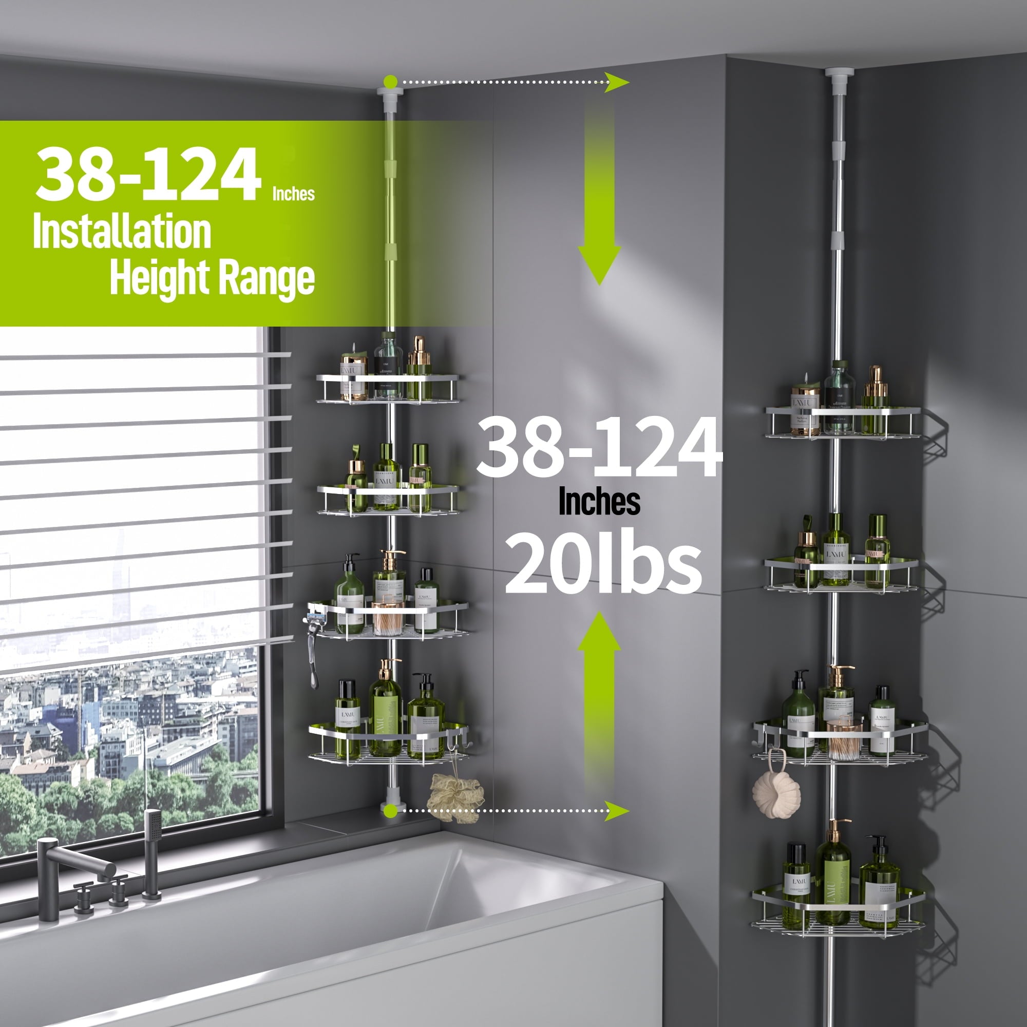 LazySpin 4-Tier Corner Shower Caddy Tension Pole, Fits 37.8”-124”, Silver
