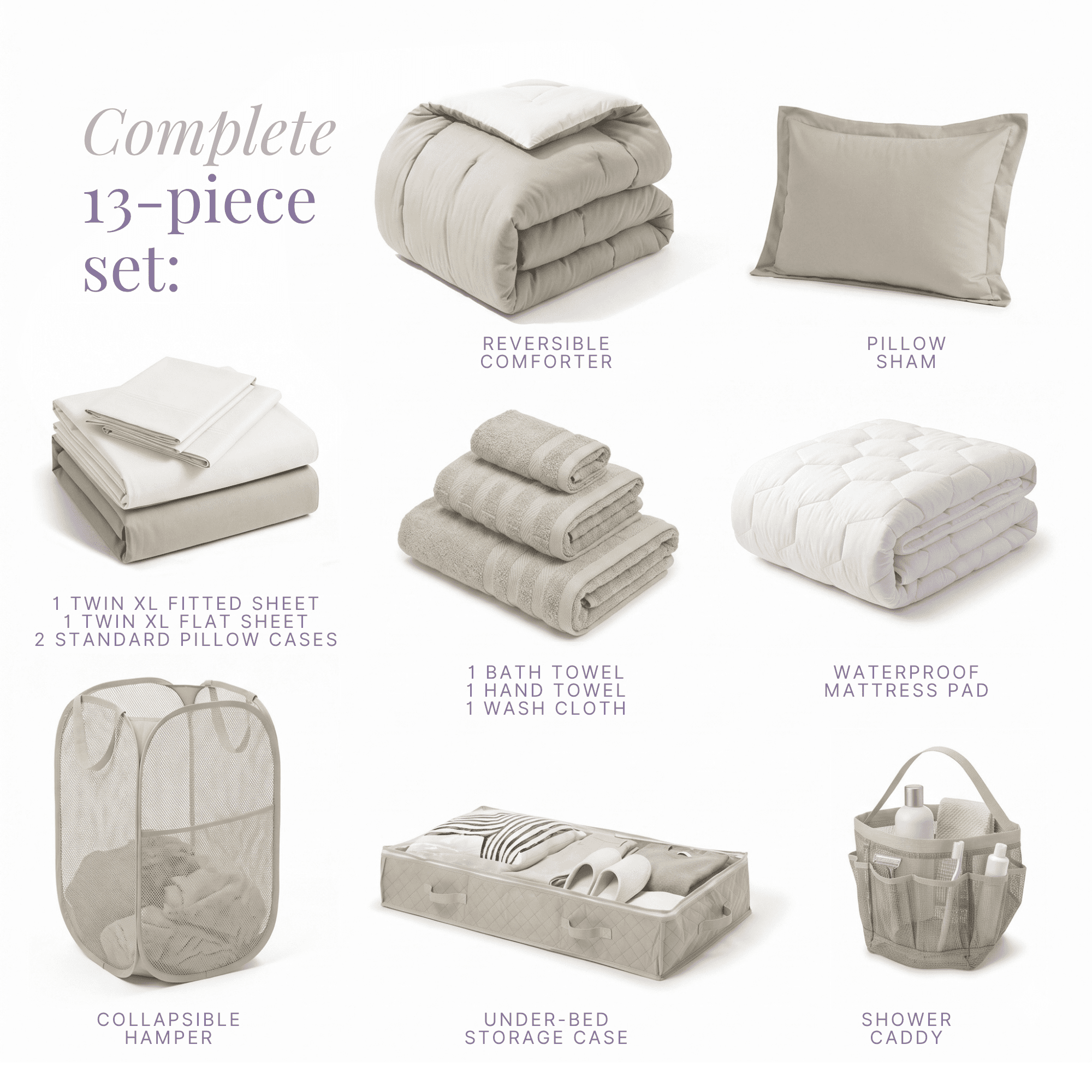 Virtu Back to College Dorm Room Essentials, Twin XL Comforter Sets, Dorm Bedding, Twin Xl Bed In a Bag with All Dorm Accessories and Bedding, Linen