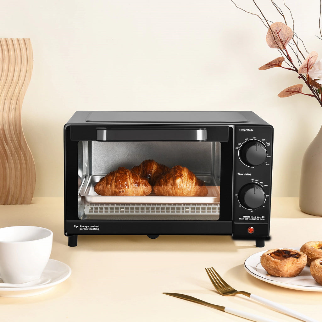 Mainstays 4 Slice Countertop Toaster Oven with 3 Settings, Includes Baking Rack and Pan, Black, New