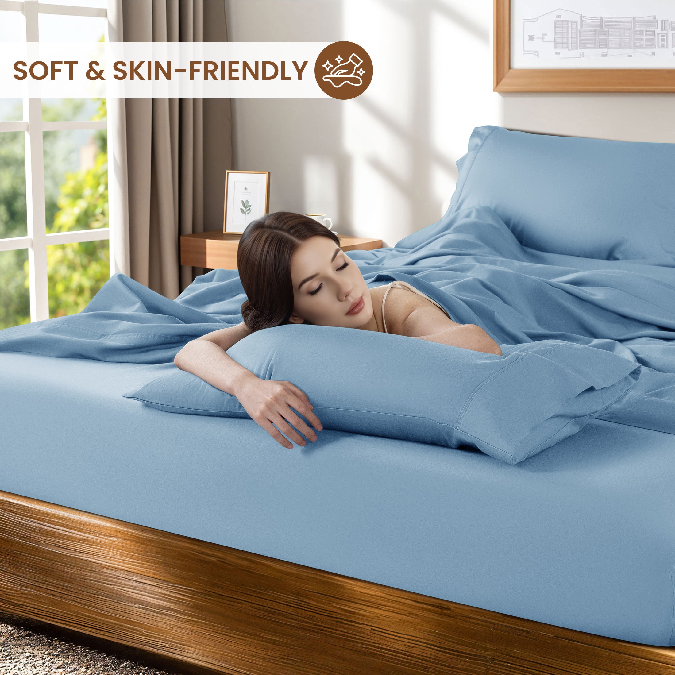 Baauye 100% Cotton Sheet Set, 1000 Thread Count Durable 4-Piece Bed Sheets with 16" Deep Pocket, King, Lake Blue