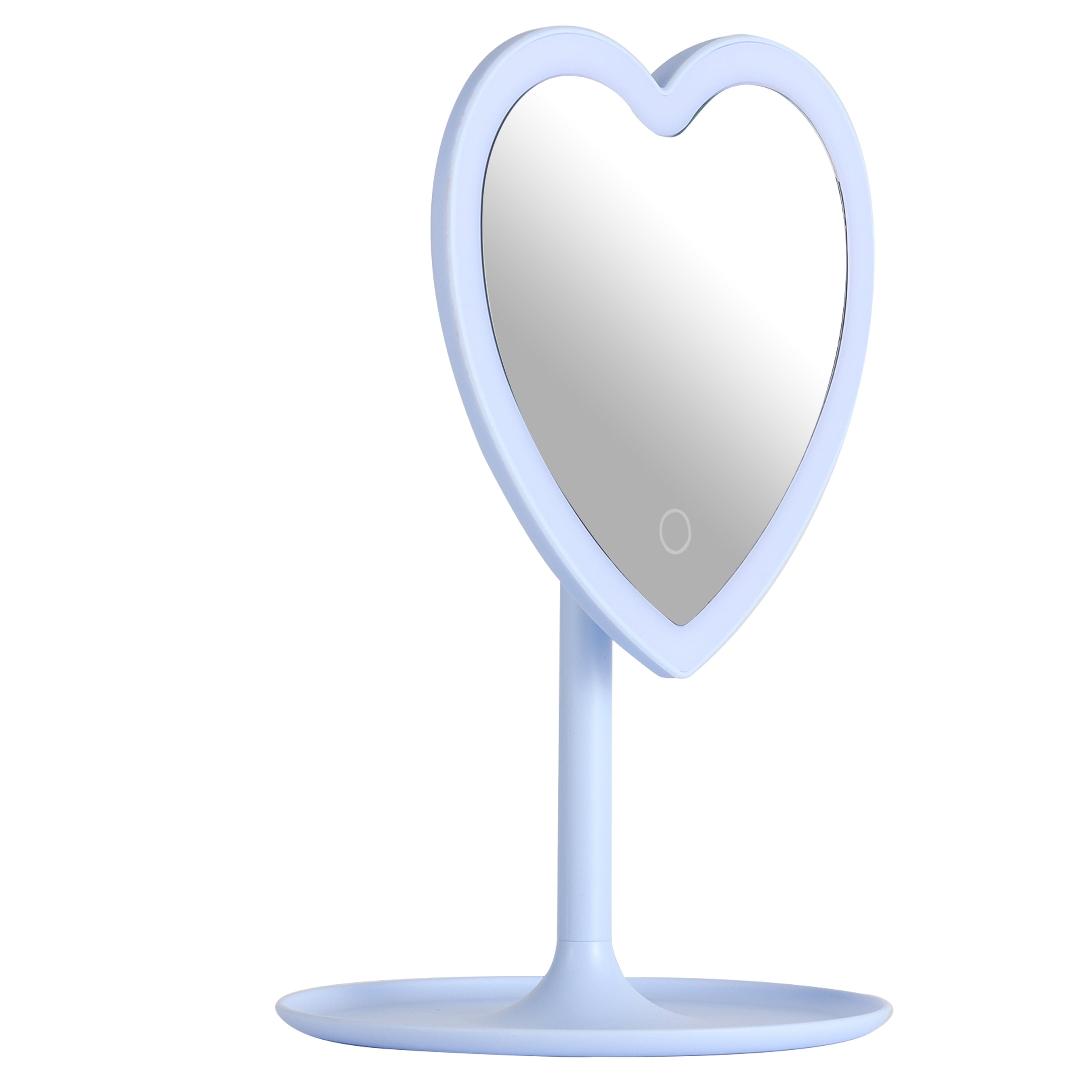 Mainstays 11.26" Tall Light Blue Plastic Frame Tabletop Heart Shaped LED Lighted Mirror with Trinket Tray
