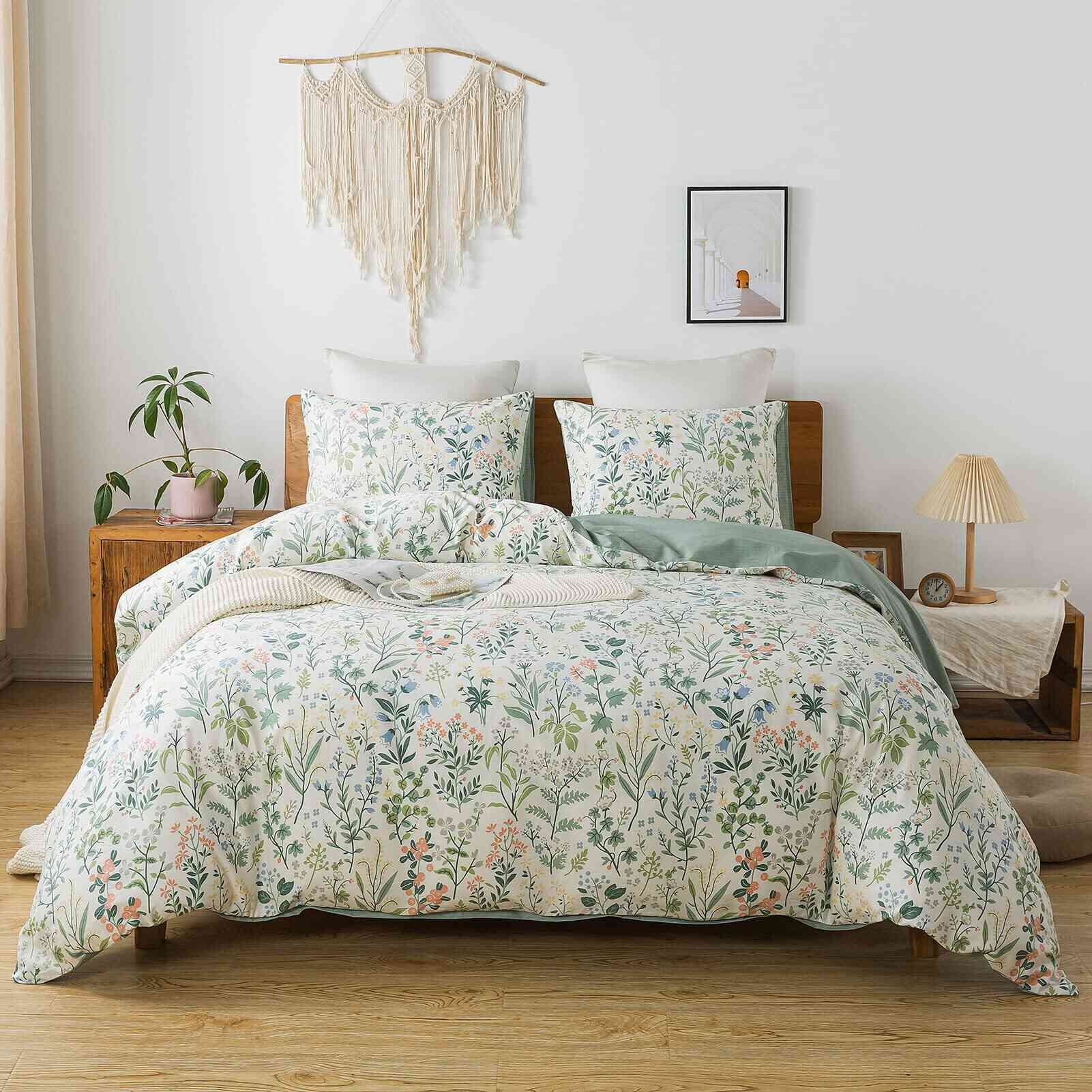 HoneiLife 3pc Duvet Cover King Size - 100% Cotton Comforter Floral Breathable Duvet Cover with Zipper Closure & Corner Ties, Green Grass