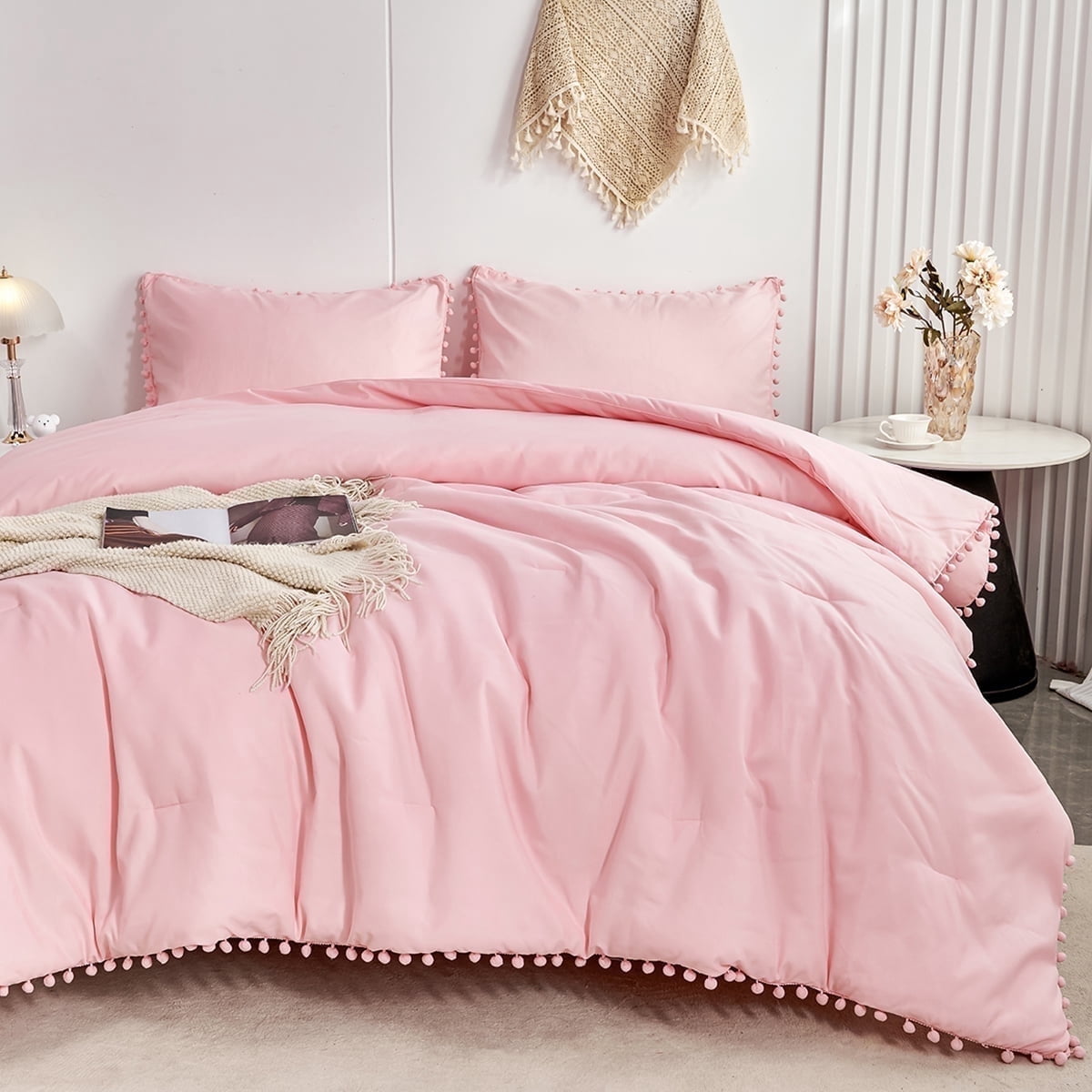 RYNGHIPY Pink Full Size Comforter Set Pom Fringe 3 Pcs Boho Chic Cute Ball Pom Blush Bedding Set Cali Soft Lightweight Solid Bed Set (1 Pom Comforter, 2 Pillowcases)