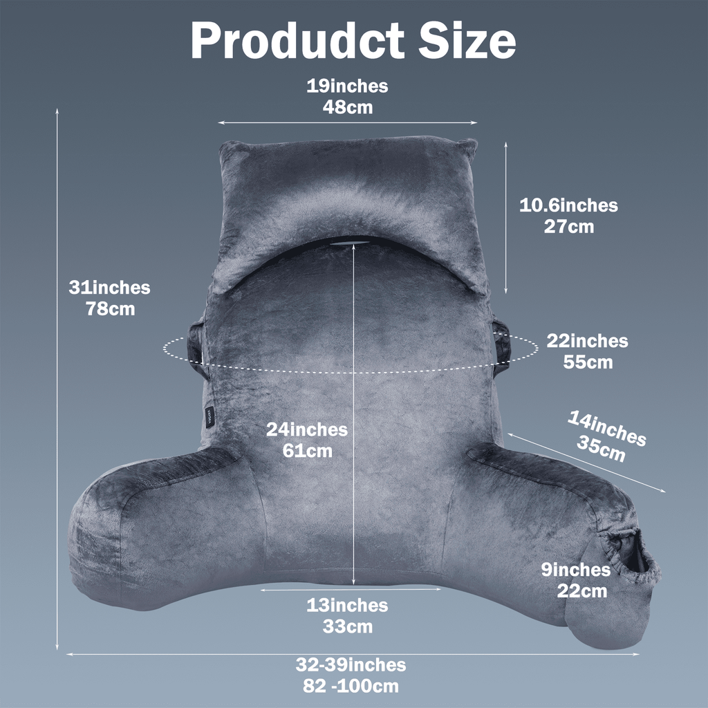 VAVSEA Reading Pillow, Extra Large 31" Backrest Pillow with Arms, Back Pillow with Detachable Neck Roll, 4 Pockets for Watching TV, Bed Rest, Reading, Gaming