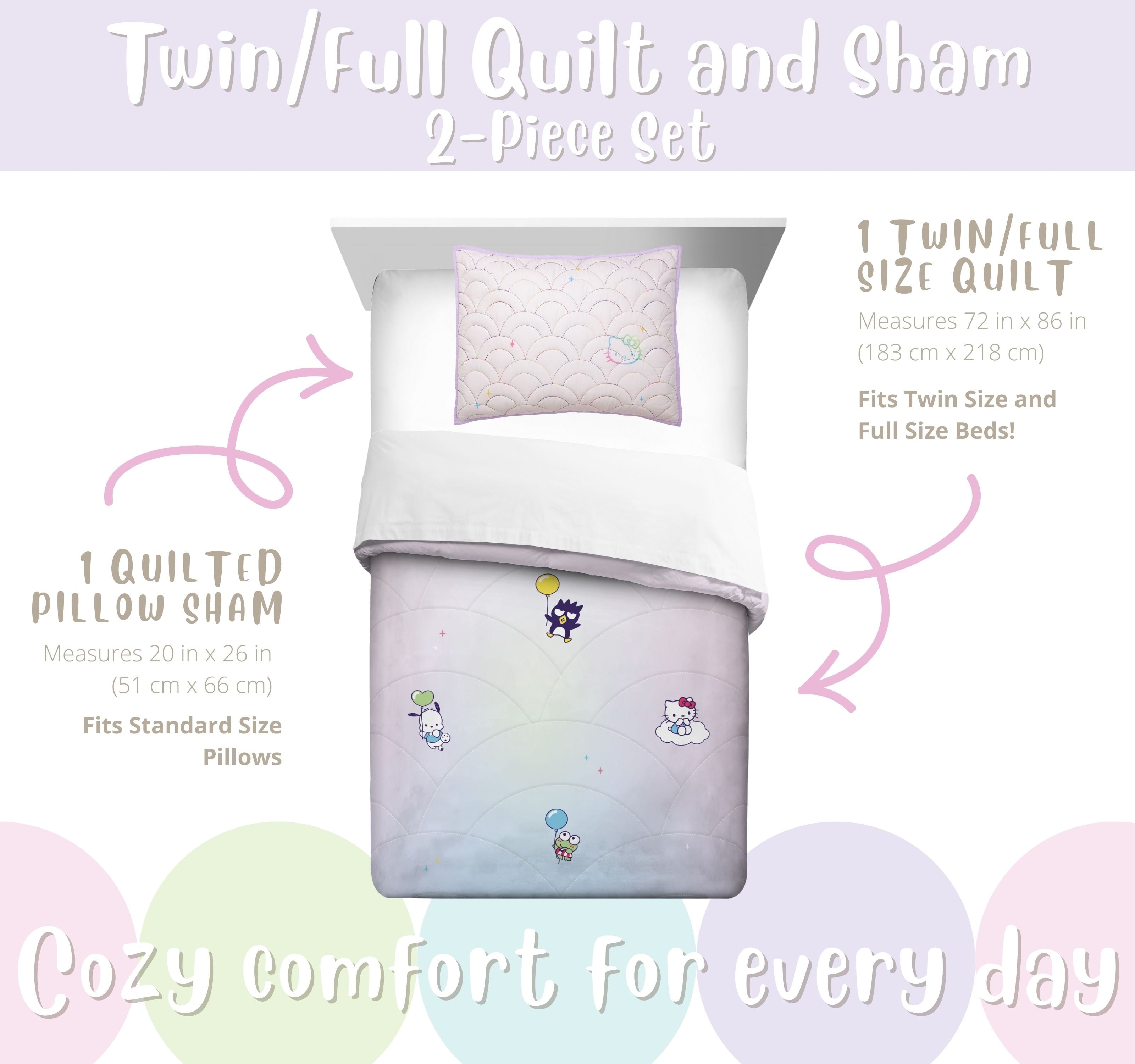 Hello Kitty and Friends Rainbow Ombre 2 Piece Quilt and Sham set, Twin/Full