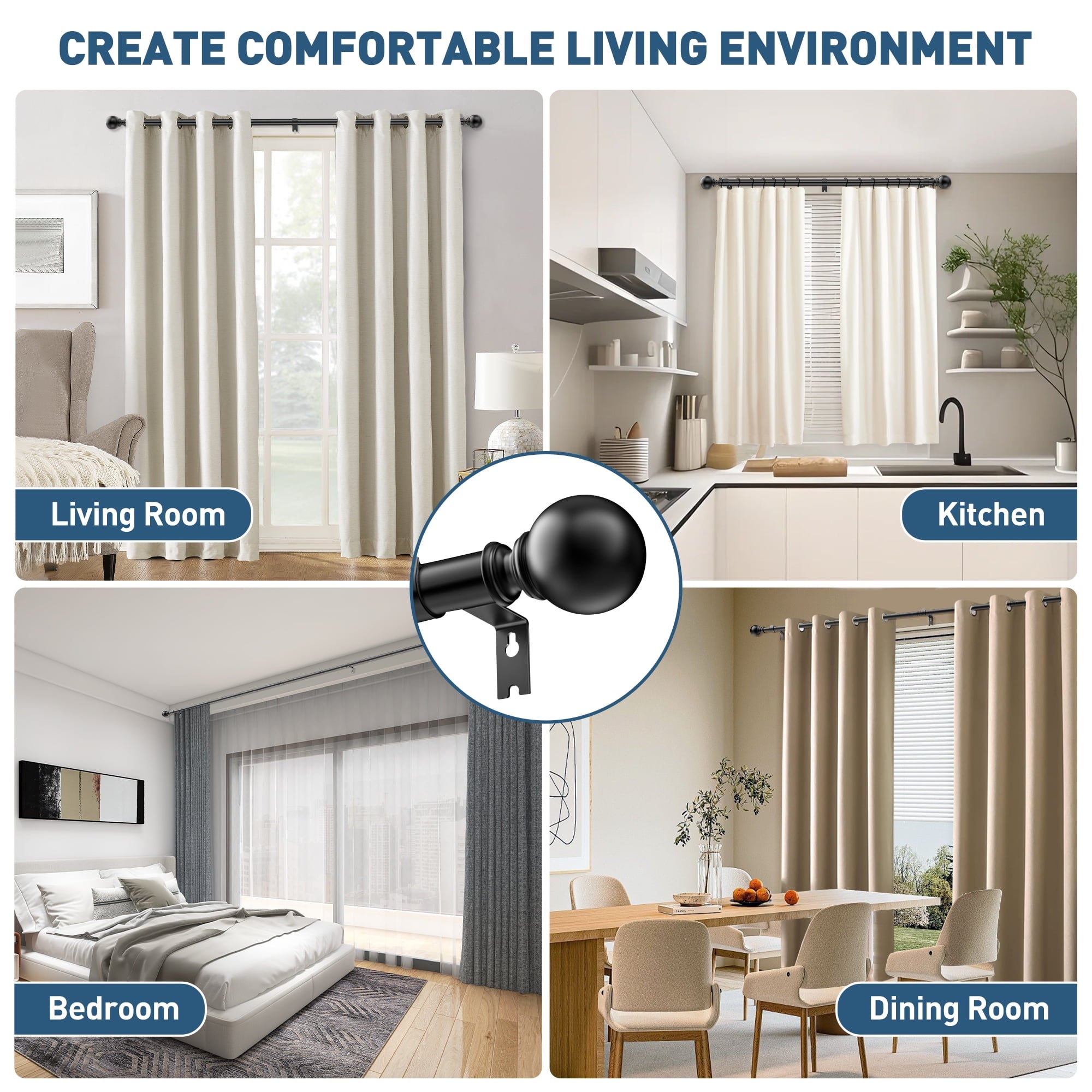 Single Curtain Rods for Windows 32 to 120 inch, Adjustable Window Curtain Rod, Window Curtain Rod with Ball Finials, 1 inch Diameter Decorative Curtain Rod Set, Modern Decorative Drapery Rods