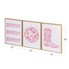 Mainstays 3 Pc Set Pink Western Theme Wall Art, Howdy, Boot, and Disco Globe