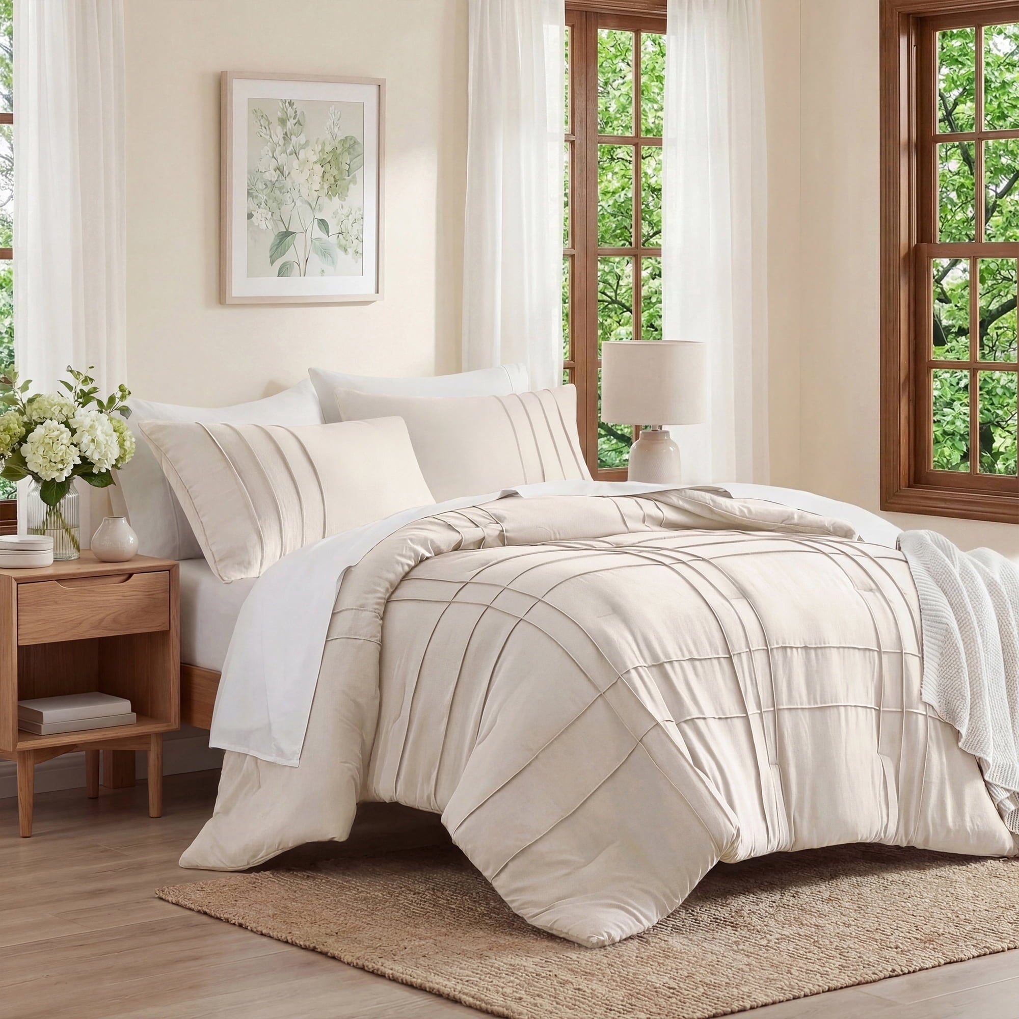 Regency Heights Queen Comforter Set, Boho 3-Piece Pintuck Stitching Bedding Set, Soft Washed Pleated Bed Sets with Pillow Sham Neutral