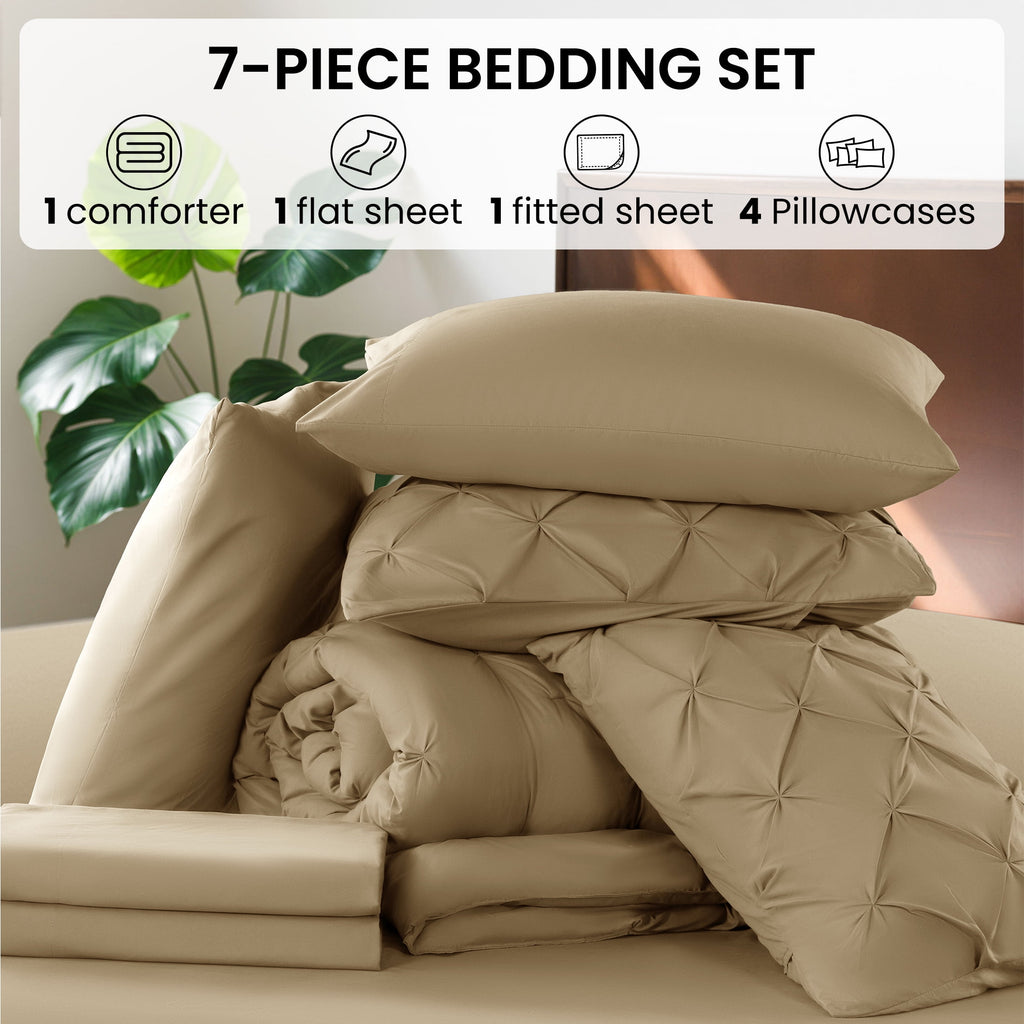 Baauye Queen Comforter Set, 7 Pieces Beige Comforters, Pintuck Bedding Sets for All Season, Bed in a Bag with Comforter, 1 Fitted Sheet, 1 Flat Sheet, 2 Pillowcases & 2 Shams