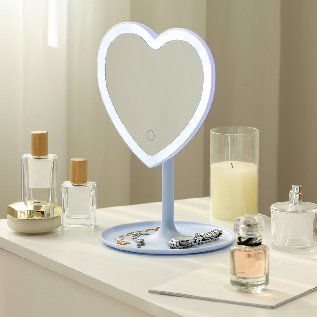 Mainstays 11.26" Tall Light Blue Plastic Frame Tabletop Heart Shaped LED Lighted Mirror with Trinket Tray