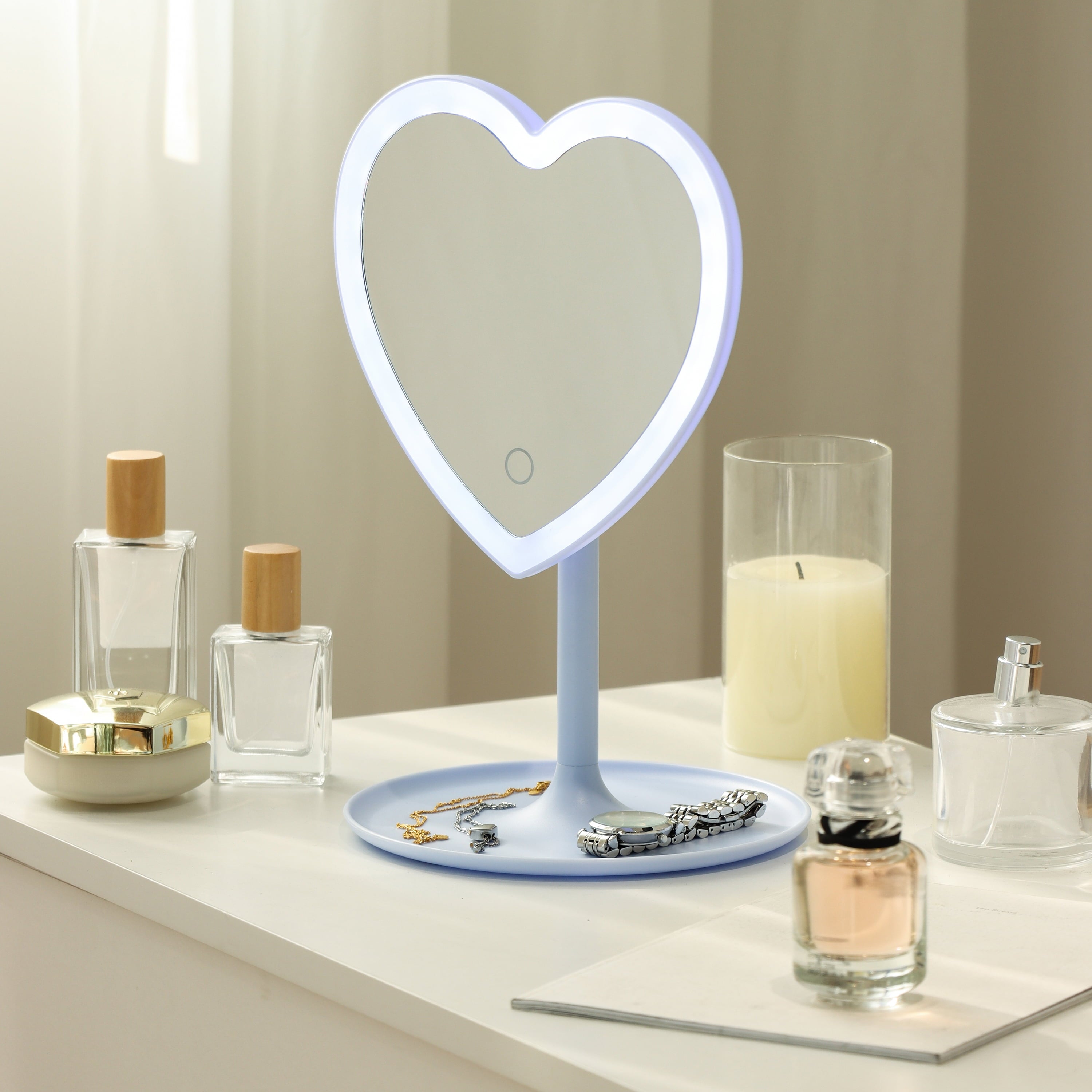 Mainstays 11.26" Tall Light Blue Plastic Frame Tabletop Heart Shaped LED Lighted Mirror with Trinket Tray