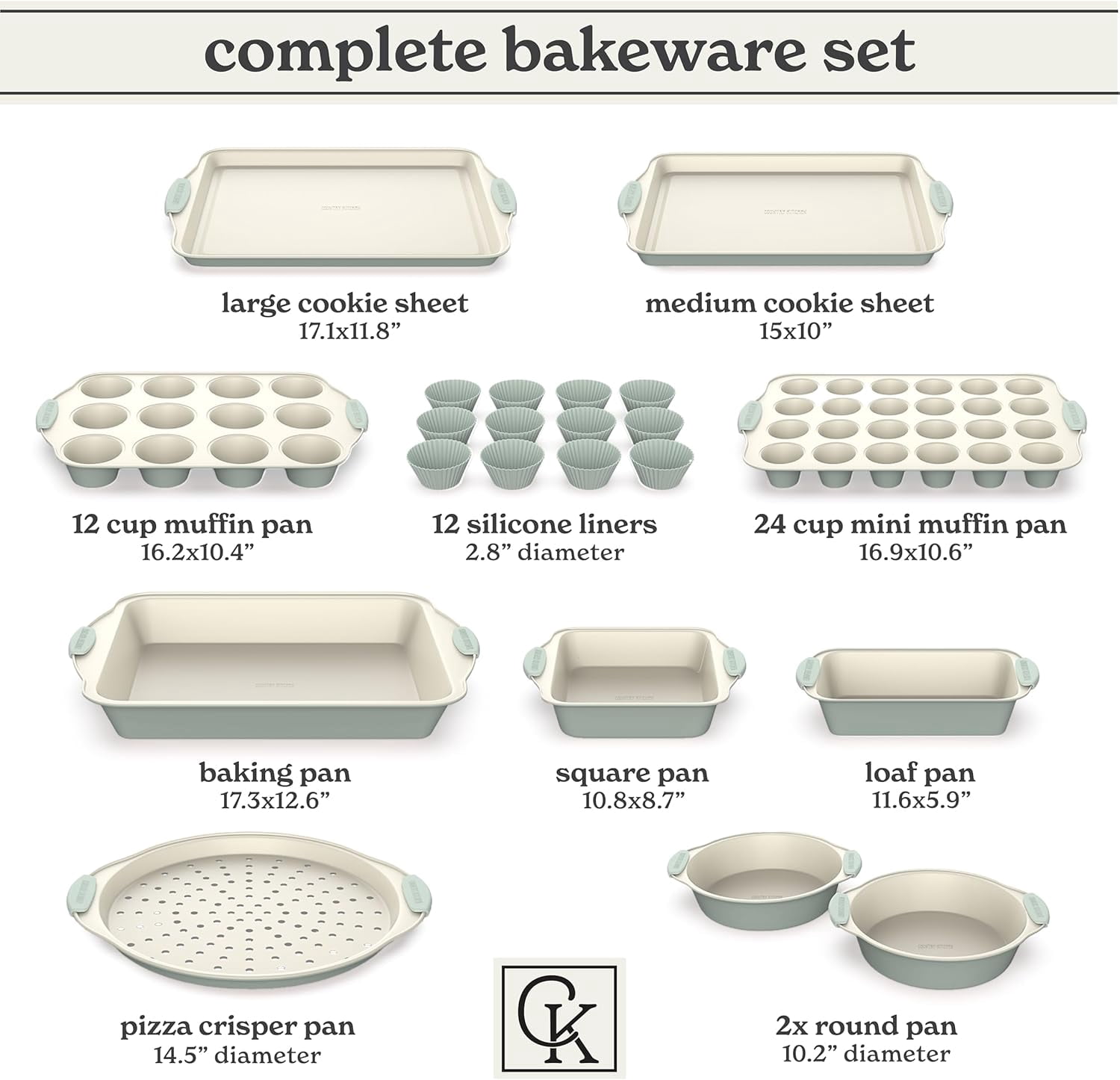 Country Kitchen Bakeware Set, 10-Piece Nonstick Stackable Baking Pans with Silicone Handles, Silver