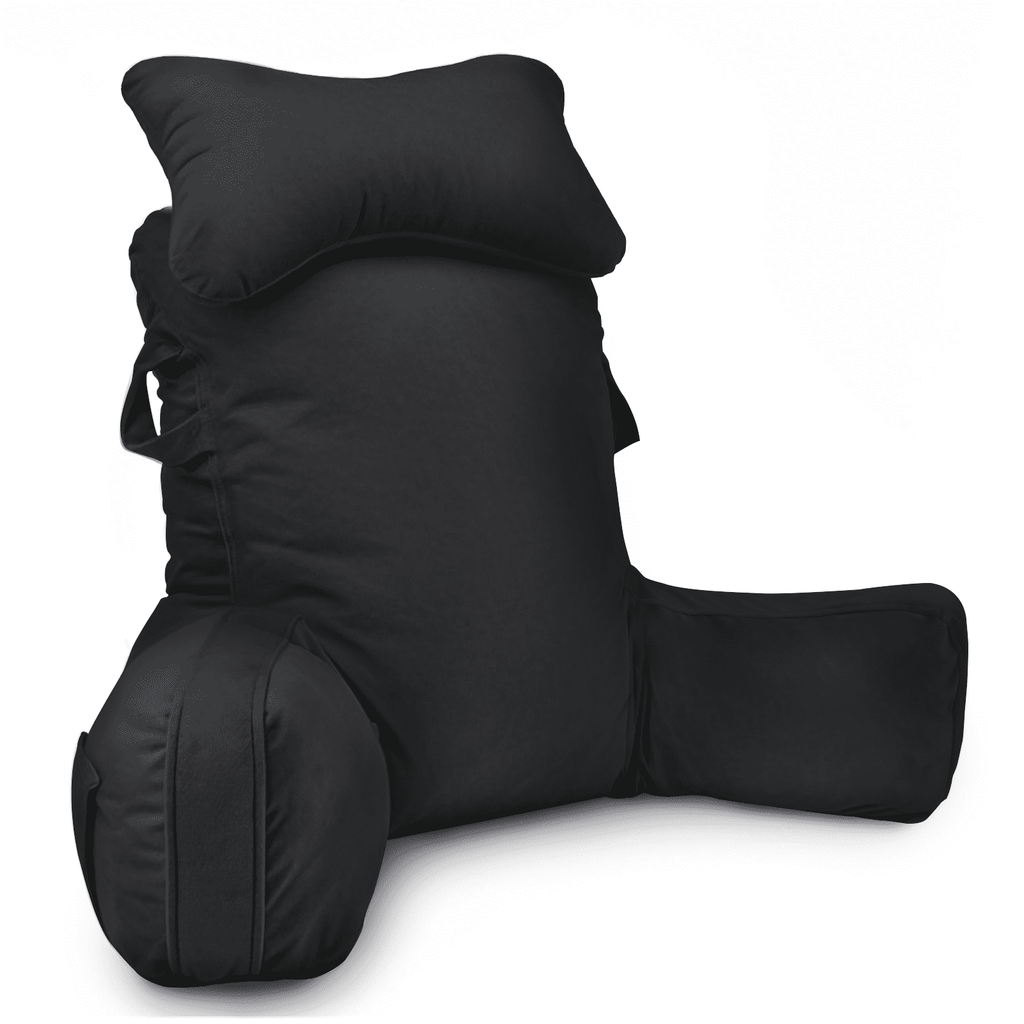 PHOGARY 31inch Reading Pillow for Bed Backrest with Arms - Black - Adult, Ultra-Comfy Microplush Cover & Detachable Neck Roll - Unmatched Support Bed Rest Sit Up Pillow