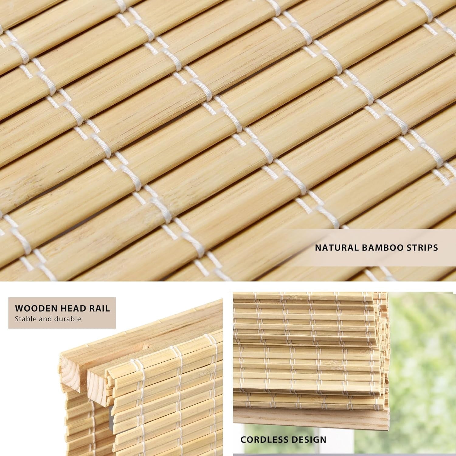 LazBlinds No Tools No Drill Cordless Bamboo Roman Shades, Privacy Room Darkening Window Treatment, Roll Up Bamboo Blinds for Window 34'' W x 64'' H, DP-Natural