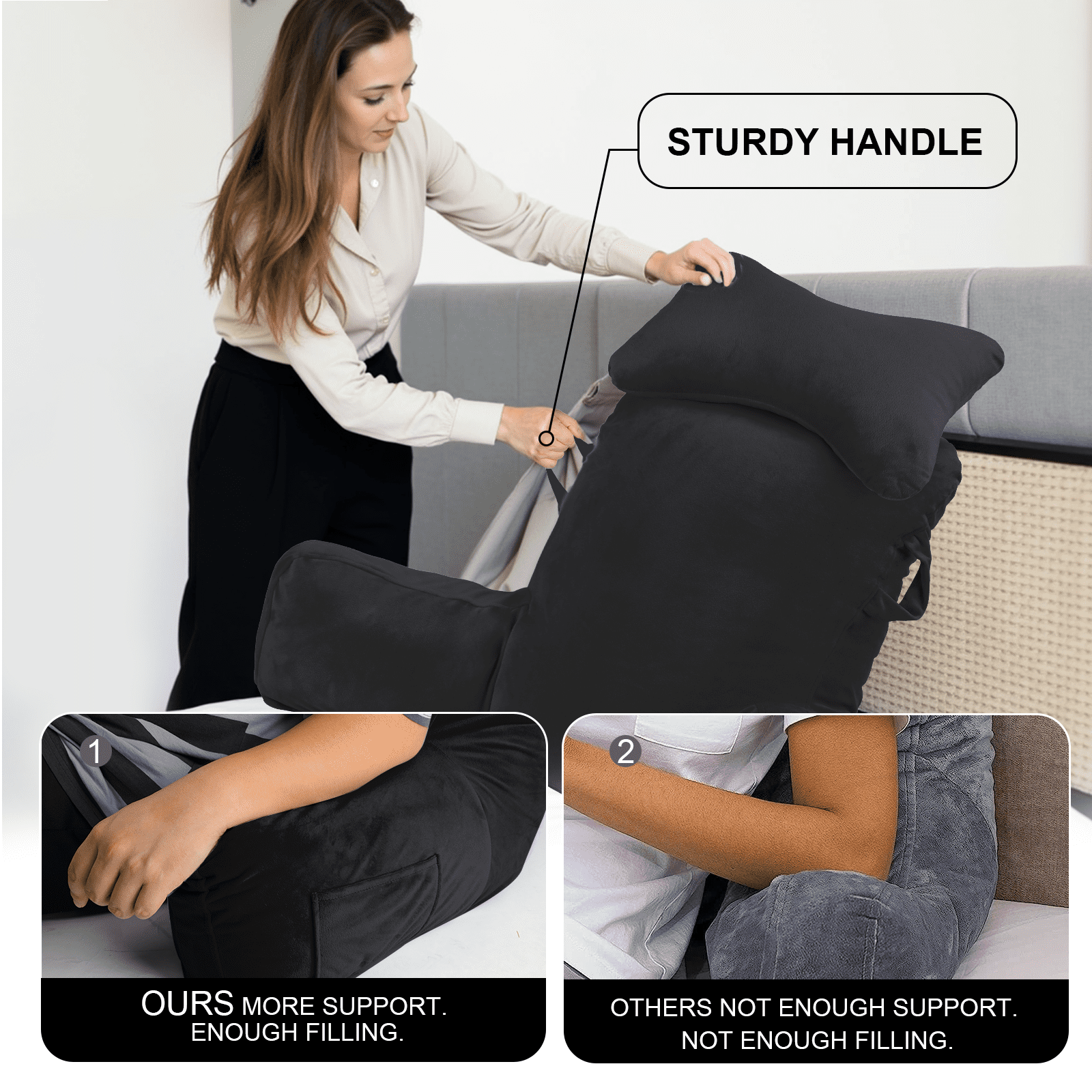 PHOGARY 31inch Reading Pillow for Bed Backrest with Arms - Black - Adult, Ultra-Comfy Microplush Cover & Detachable Neck Roll - Unmatched Support Bed Rest Sit Up Pillow