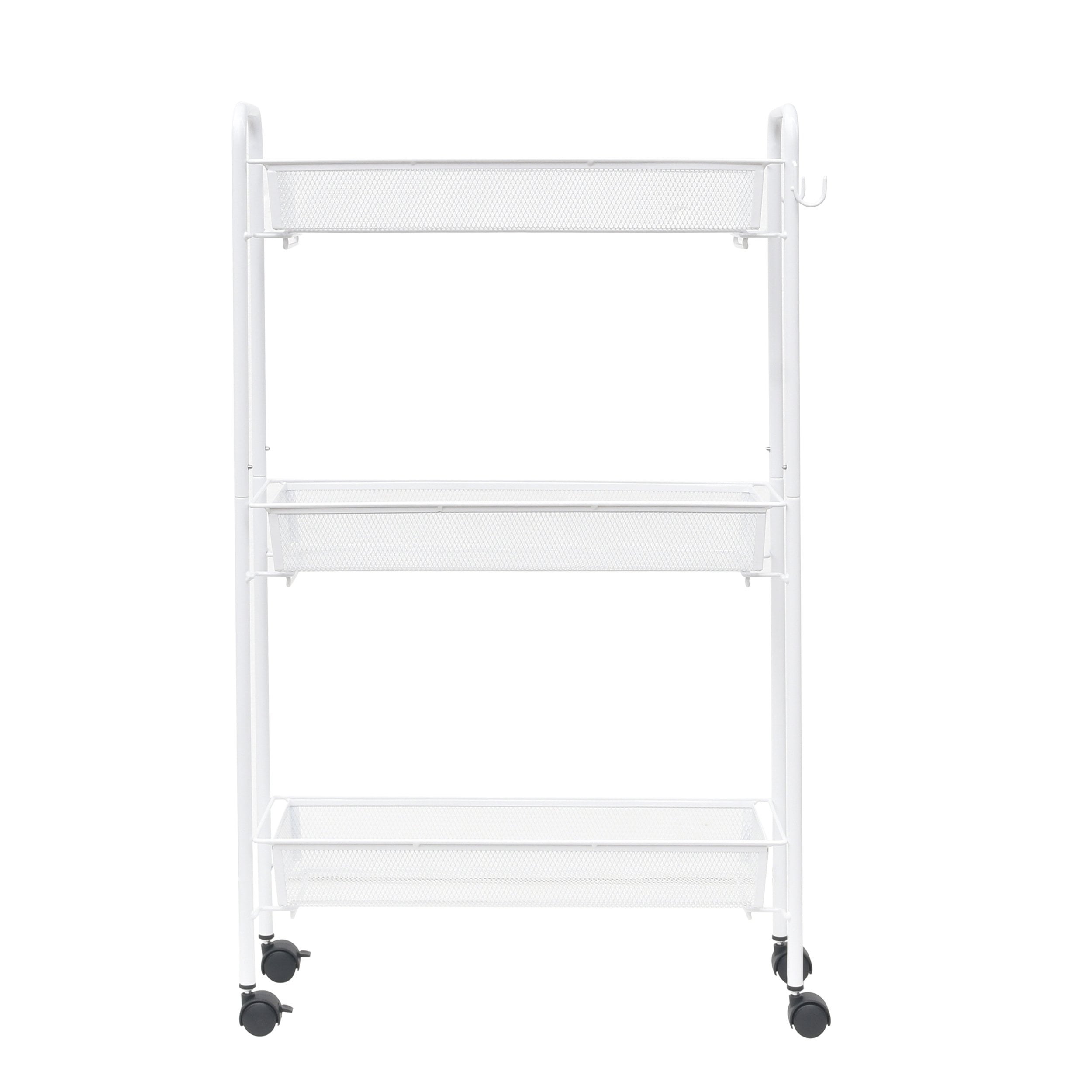 Mainstays Slim 3-Tier Rolling Bathroom Storage Cart with Hooks in White Finish