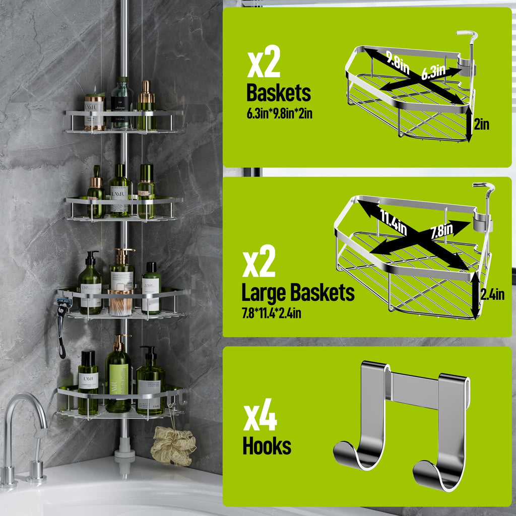LazySpin 4-Tier Corner Shower Caddy Tension Pole, Fits 37.8”-124”, Silver