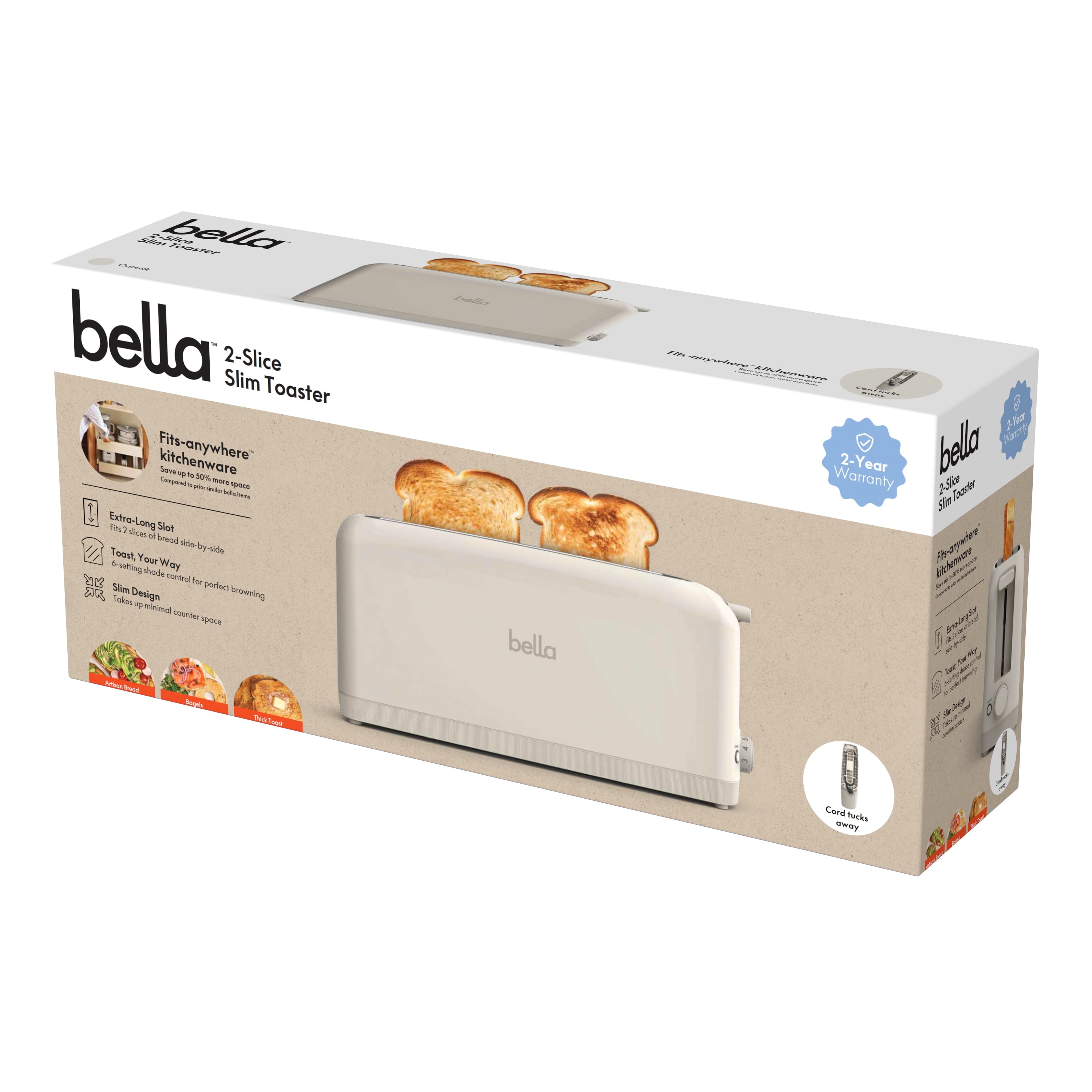 bella 2-Slice Slim Toaster with Extra Long Slot, 6 Setting Shade Control with Reheat & Cancel Buttons, Oatmilk