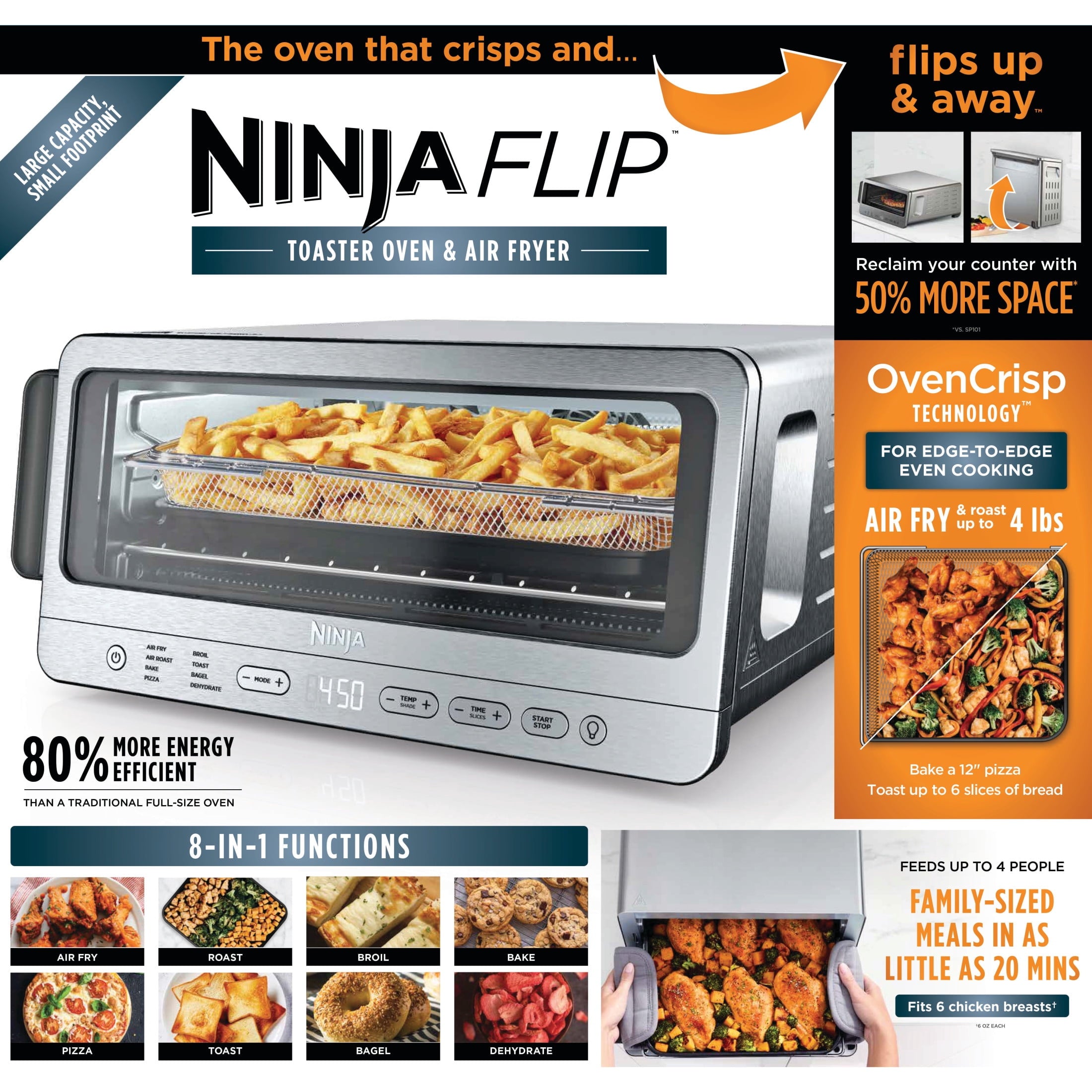 Ninja Flip Toaster Oven & Air Fryer, 8-in-1 Functionality, Storage Space, Air Fry Basket, Sheet Pan, Wire Rack & Removable Crumb Tray, SP151 Stainless